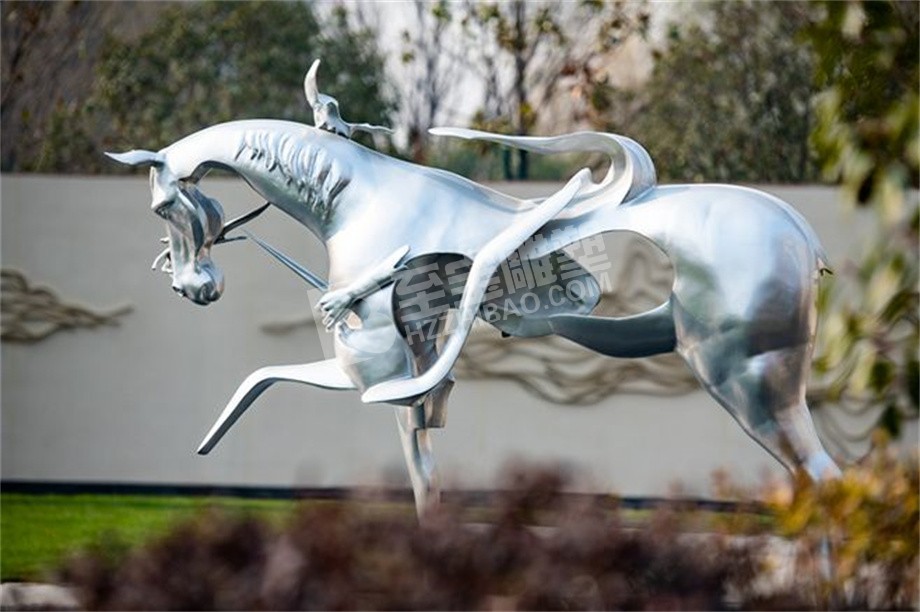 私家庭院创意亮面骏马不锈钢雕塑定制