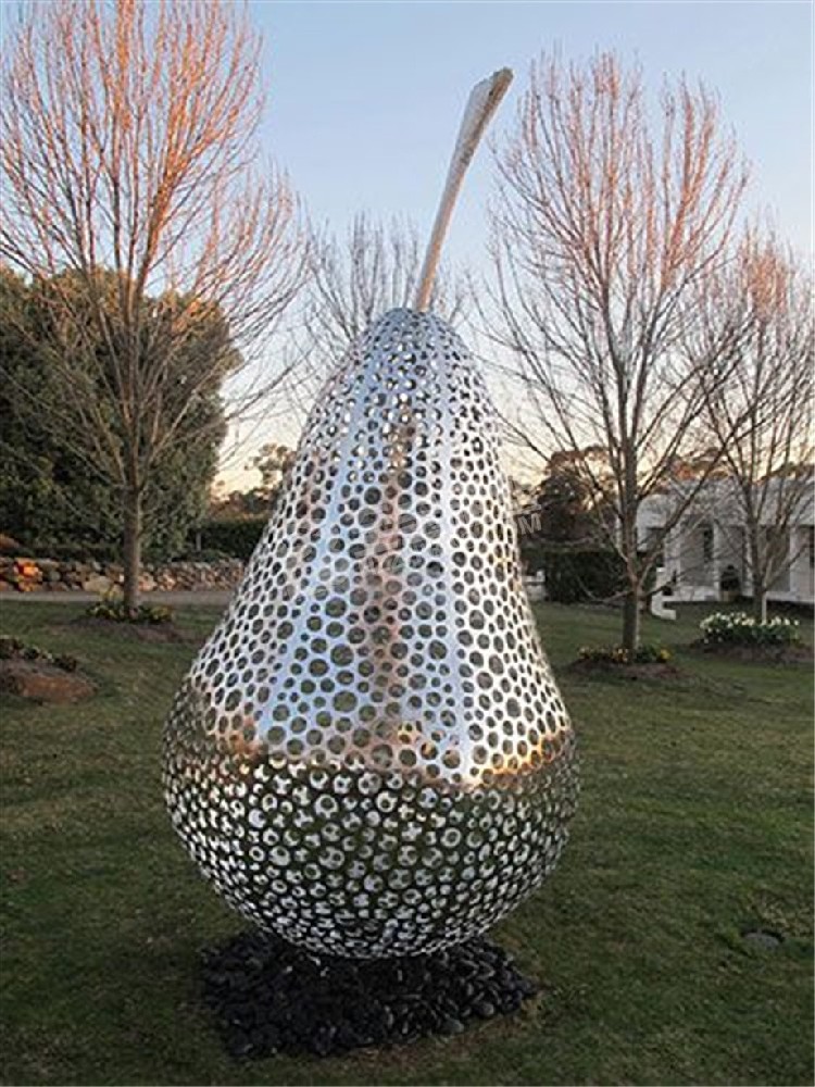 城市园林建筑镜面镂空梨子不锈钢雕塑定制