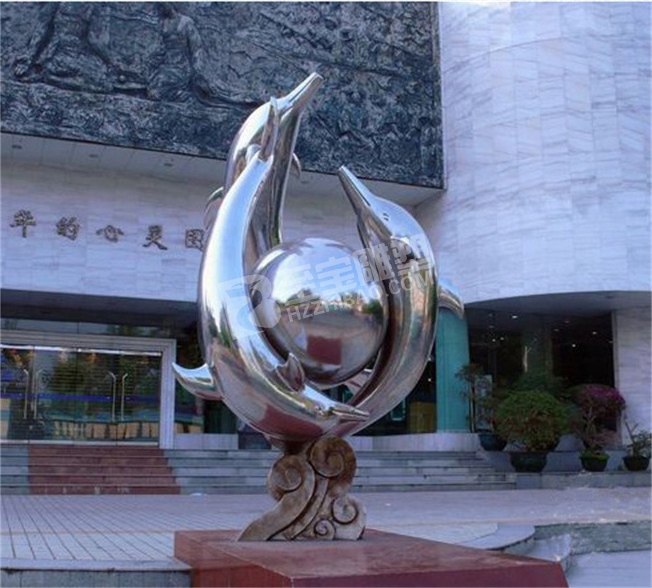 博物馆大门镜面海豚不锈钢雕塑定制